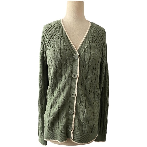 SPIRITUAL GANGSTER COTTON LUCIA OVERSIZED 100% COTTON CARDIGAN IN OLIVE W/CREAM - Picture 1 of 8